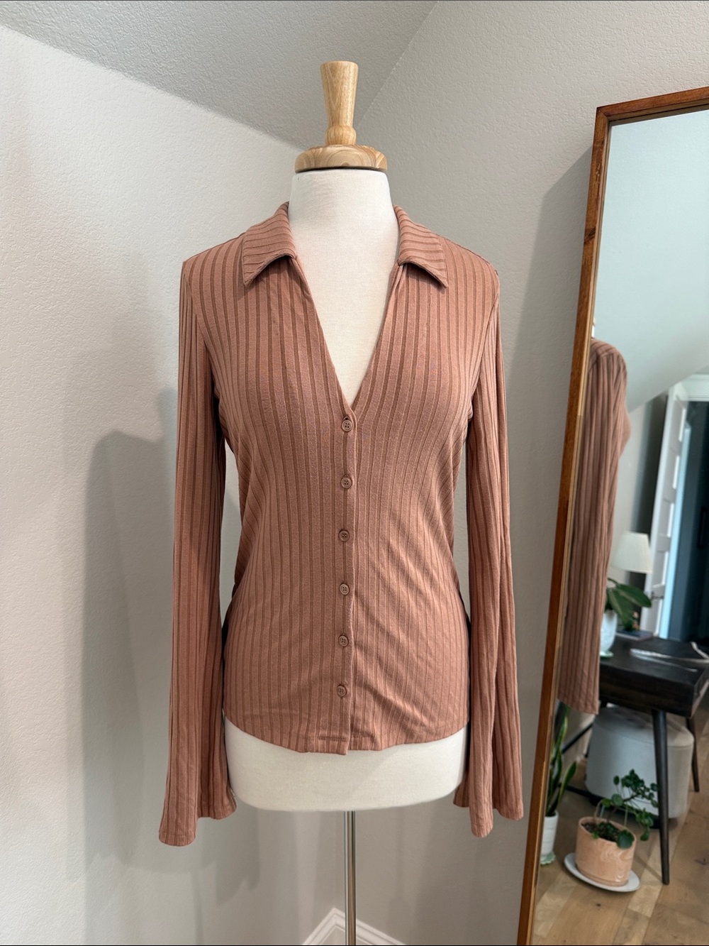 Sanctuary Ribbed Button-Down Shirt in Rose Taupe